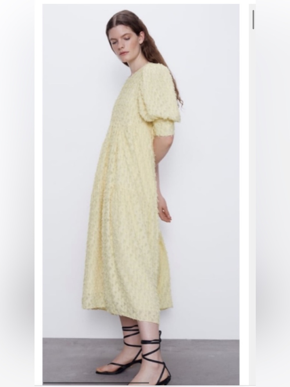 Zara Textured Tiered Maxi Dress with Short Puff Sleeves Soft Yellow Size L